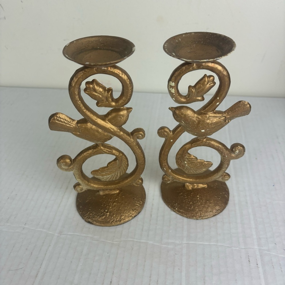 Vintage Wrought Iron Gold Bird Motif Candle Holder set/pair-2